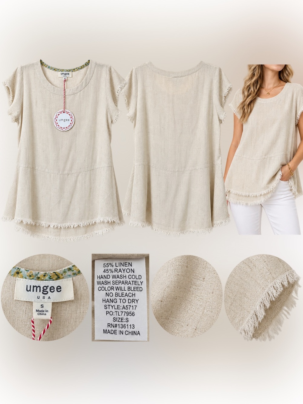 Umgee Natural Fringe-Hem Short Sleeve Tunic